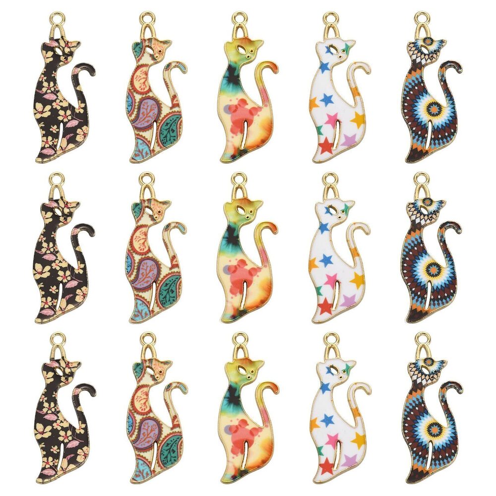 7617 25pcs Mixed Styles Hobo Enamel Kitten Charms - Flower Cat, Cartoon